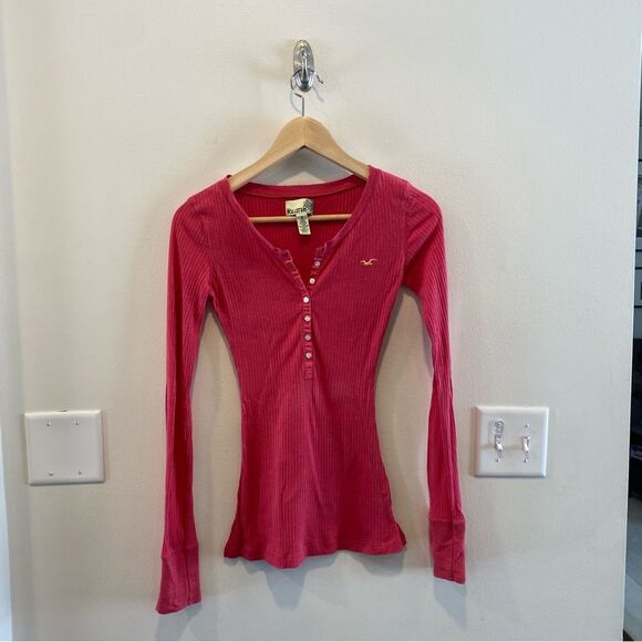 Hollister Tops - Hollister Women's Long Sleeve Ribbed Henley Top in Pink